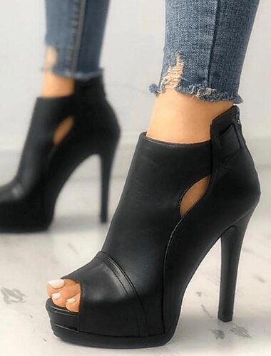  Sexy zwarte peep-toe stilettohakken voor dames met uitsparingen – enkellaarsjes met platform van imitatieleer voor feest- en avondkleding