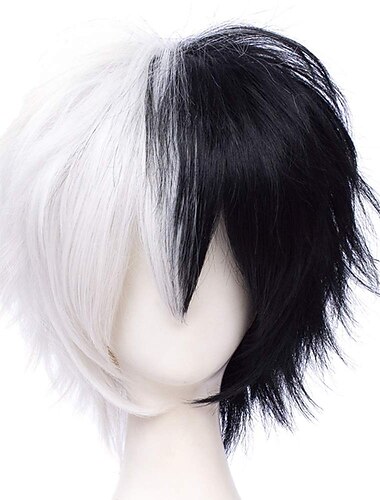  unisex anime lyhyt mustavalkoinen cosplay-peruukki otsatukkalla, lämmönkestävät hiukset juhlakarnevaaliasuun
