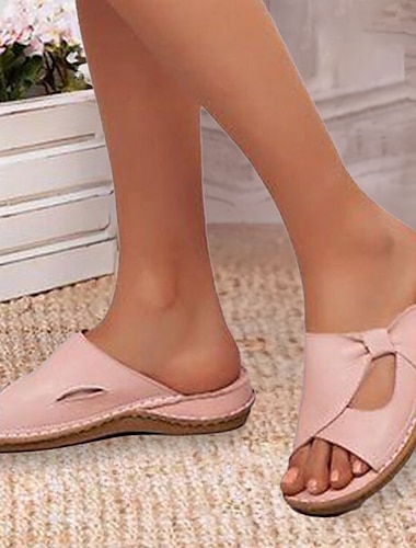  Women's Sandals Slippers Mules Wedge Sandals Plus Size Handmade Shoes Daily Beach Solid Color Summer Wedge Heel Open Toe Classic Casual Minimalism Faux Leather Loafer Black Pink Blue