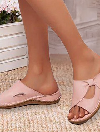  dames casual roze open teen slip-on sandalen met strik accent – lichtgewicht zomer flats voor dagelijks gebruik