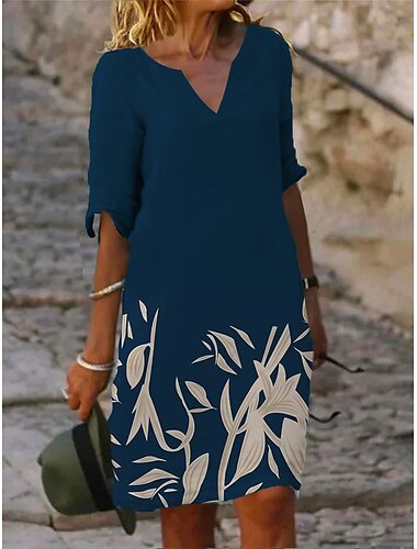  Dames Mini Jurk Petite Jurk T Shirt Jurk Tee Jurk Shift Jurk Zomerse Jurk Actief Mode Streetwear Buiten Vakantie Werk Regular Fit Bloem Halve Mouw Split Hals Marine Blauw Blauw