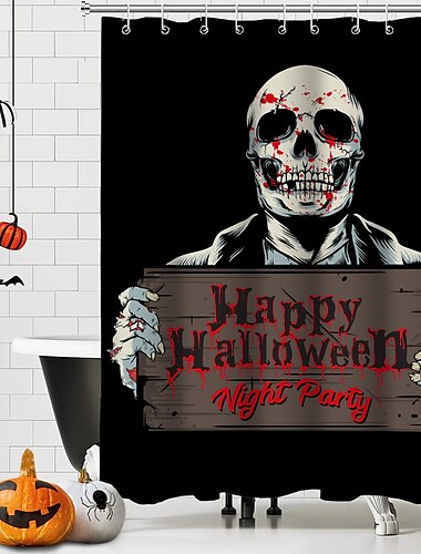  Halloween-Horror-Duschvorhang mit Haken, Badezimmer-Dekor, wasserdichtes Stoff-Duschvorhang-Set mit 12 Kunststoff-Haken, Skelett, Kürbis, Hexe