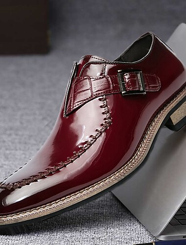  Heren burgundy patent imitatie leren oxfords dress schoenen met gesp - elegante formele schoenen voor bruiloften en zakelijke evenementen
