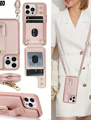  teléfono Funda Para iPhone 16 iPhone 15 Pro Max Plus iPhone 14 13 12 11 Pro Max Mini X XR XS Max 8 7 Plus Funda Trasera Tarjetas billetera con Soporte con cordón con correa de muñeca Color sólido TPU