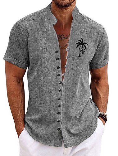  Herren Kokosnussbaum Tropische Pflanzen Hawaiihemd Sommerhemd Knopfhemd Aloha-Shirt Kurzarm Hemd Ständer Hawaiianisch Outdoor Urlaub Strasse Blau Grün Khaki S M L