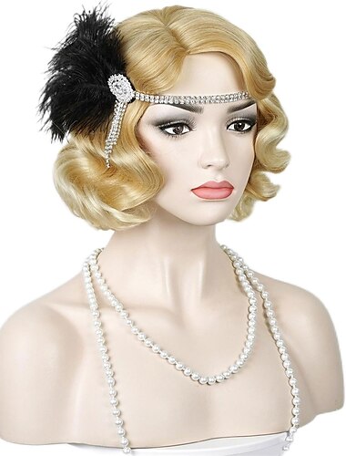  1920-talsklaff vågig peruk med pannband finger vågig vintageperuk 20-tals lockig vågig peruk smutsigt blond cosplay kostym hår