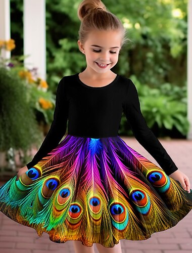  Mädchen' 3D Graphic Kleid Langarm 3D-Druck Sommer Herbst Urlaub Sport & Natur Täglich Kuschelig Brautkleider schlicht Schön kinderkleidung 3-12 Jahre Casual kleid A Linie Kleid Übers Knie Regular Fit