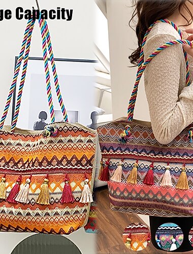  bohemisk broderad tygväska i canvas – färgglad tofs axelhandväska för kvinnor, avslappnad strand resväska