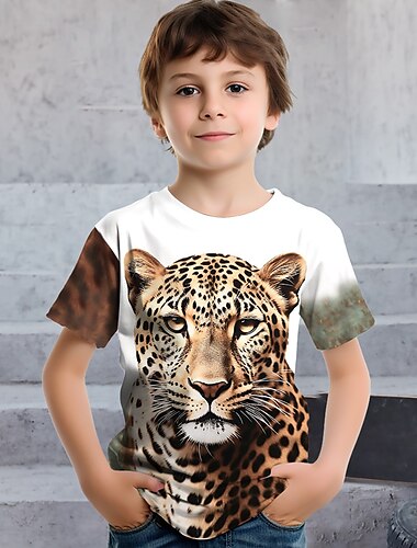  Pojkar 3D Grafisk Djur Leopard T-shirt Kortärmad 3D-tryck Sommar Vår Aktiv Sport Mode Barn 3-12 år Utomhus Ledigt Dagligen Normal