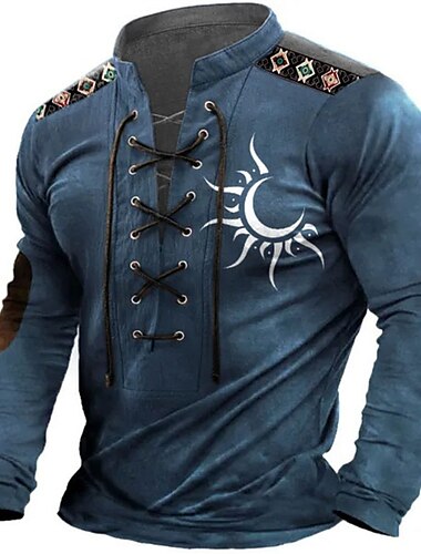  Herren Stammes Grafik-Drucke T Shirt Vintage-Shirt Langarm T-Shirt Stehkragen Hemd Designer Basic Brautkleider schlicht Sport & Natur Täglich Sport Schwarz Marineblau Braun Frühling Sommer Bekleidung