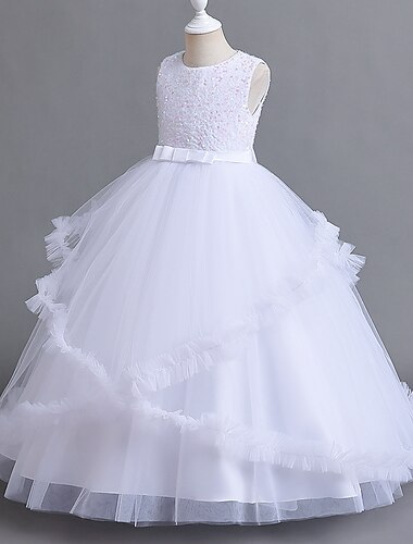  Princesse Traîne Brosse Robe de Demoiselle d'Honneur Fille Fête de Mariage Blanc de neige juniors Jolie robe de bal Tulle avec Tulipe Bohème Ajustement 3-16 ans