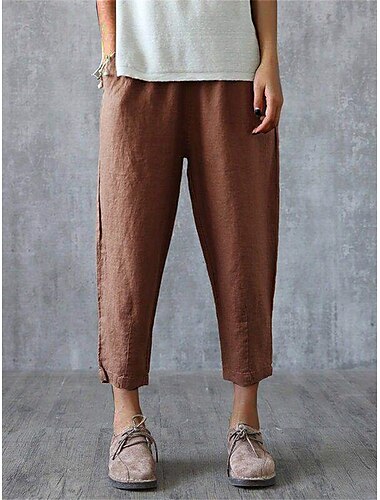  Dam Byxor av linne i bomull Byxor Säckiga byxor Mode Streetwear Fullängd Medium Midja Slät Ficka Elastisk midja Opressade byxor Mateial som andas Mjuk Utomhus Microelastisk Semester Dagligen Dagliga