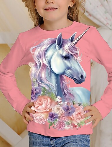  女の子 3D グラフィック カートゥン ユニコーン Tシャツ Ｔシャツ 長袖 3Dプリント 夏 春 秋 活発的 ファッション かわいいスタイル 子供 3〜12年 アウトドア カジュアル 日常 レギュラー