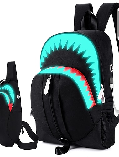  usb fonction sac à dos sac d'école hommes mode usb charge nuit lumineux sac à dos requin ordinateur portable sac à dos adolescents sac d'école voyage sac noir