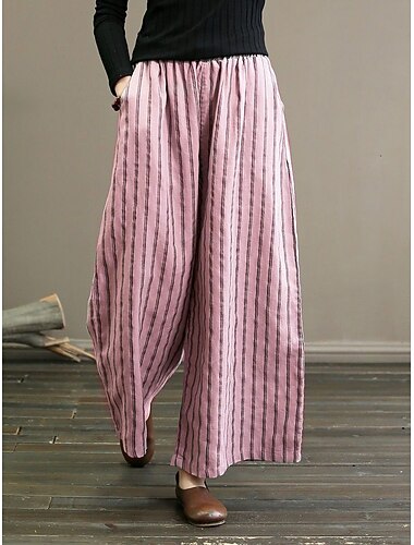  Pentru femei Picior Larg chinez Pantaloni Epocă Modă Ușor Lungime totală Talie medie Dungi Buzunar Talie elastică Umflat Respirabilitate Comfortabil Micro-elastic Vacanță Casual Zilnic Negru Alb Roz