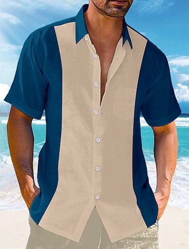 男性用 シャツ ボタンアップシャツ カジュアルシャツ サマーシャツ ビーチシャツ ブラック ワイン ブルー グリーン ライトブルー 半袖 カラーブロック ラペル 日常 バケーション フロントポケット 衣類 ファッション カジュアル 快適