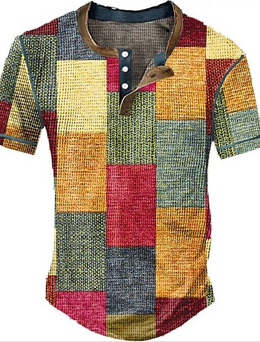  Pánské Waffle Henley košile Grafika Pléd Barevné bloky Henley Oblečení 3D tisk Venkovní Denní Krátký rukáv Tlačítko Módní Designové stylové Vinobraní