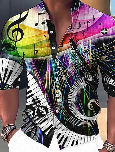  Voor heren Muziek Opmerkingen Pano-toetsen Overhemd Overhemd met knopen Lange mouw Modieus Streetwear Ontwerper Buiten Casual Dagelijks Zomer Lente Herfst Opstaand Afdrukken Geel blauw Paars Groen