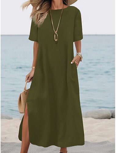  Damen Armeegrün Schwarz Weiß Sommer Frühling Herbst Maxikleid Weißes Kleid Baumwoll-Leinen-Kleider Basic Lässig Outdoor Täglich Lässiger Schnitt Einfach Rundhalsausschnitt