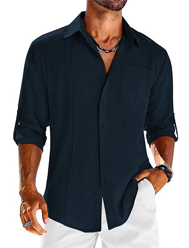  Herren Hemd Guayabera Hemd leinenhemd Knopfhemd Sommerhemd Strandhemd Schwarz Weiß Marineblau Langarm Glatt Umlegekragen Frühling Sommer Casual Täglich Bekleidung Patchwork