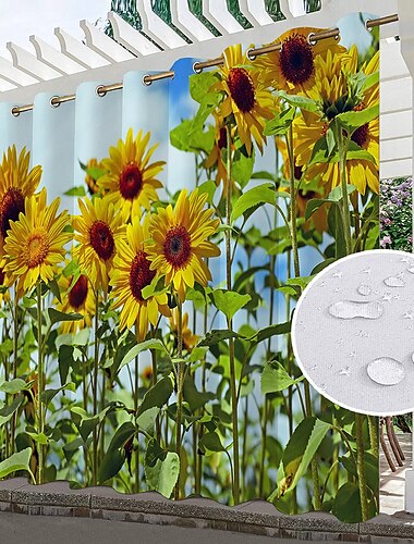  Wasserdichte Outdoor Vorhang für den Innen- und Außenbereich, Sonnenblumen, für Hochzeitsterrasse, dicke Sichtschutz-Ösenvorhänge für Hochzeitsschlafzimmer, Wohnzimmer, Veranda, Pergola, Cabana