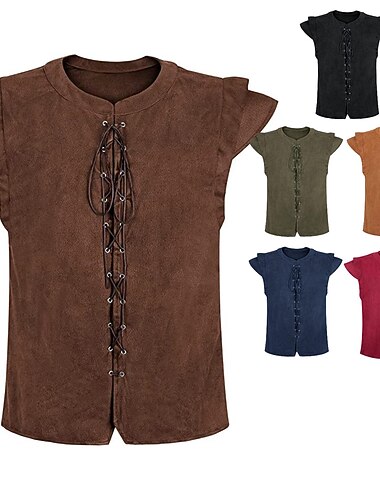  العصور الوسطى عصر النهضة زي تأثيري سترة من جلد الغزال قرصان الفارس الفايكينج فارس سلتيك Ranger لون الصلبة ملابس تنكرية رجالي عيد الرعب مهرجان حفلة تنكرية مهرجان حفلة تنكرية معرض النهضة للبالغين سترة