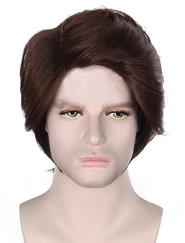  باروكة قصيرة بنية داكنة اللون من أجل كوسبلاي، باروكة قصيرة مموجة مقاومة للحرارة من مادة صناعية للرجال، شعر مستعار بلون بني داكن للرجال لحفلات الكرنفال