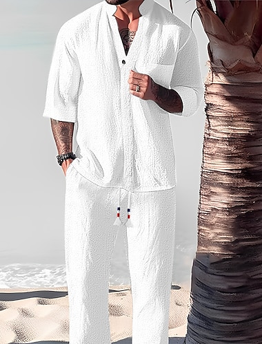  Hombre 2 Piezas Conjunto de camisa conjunto de verano Conjuntos a juego Camisa casual Negro Blanco Gris Azul claro Manga Corta Plano Cuello Mao Vacaciones Diario Bolsillo delantero Ropa Algodón