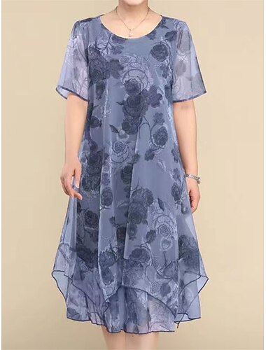  Damen Übergröße abendkleider Cocktailkleid Kleid für Hochzeitsgäste Chiffon Gitter Layer-Look Rundhalsausschnitt Kurzarm Blumen Midikleid kleid hochzeitsgast Cocktailparty Wein Blau Sommer Frühling