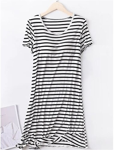  Mujer Pijamas Bata de noche Camisa de dormir Vestidos Raya Casual Confort Suave Hogar Diario Cama Poliéster Transpirable Cuello Barco Manga Corta Verano Primavera Negro Rosa