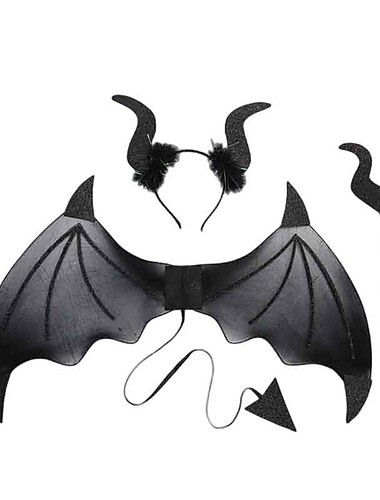  3 Halloween-Teufelsflügel, Dreizack-Kopfbedeckungsset, Rollenspielkostüm, Teufelsgeist, Seele, schwarze Federflügel und Dekorationen für Erwachsene, Halloween-Party, Kostüm, Make-up-Ball,