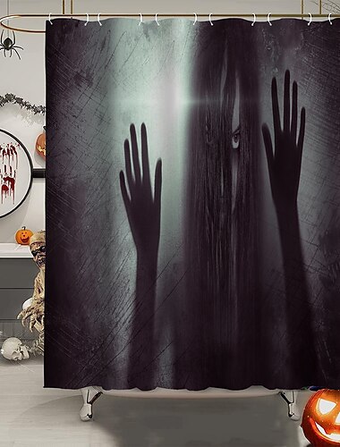  Halloween-Horror-Duschvorhang mit Haken, Badezimmer-Dekor, wasserdichtes Stoff-Duschvorhang-Set mit 12 Kunststoff-Haken, Skelett-Kürbis-Hexe