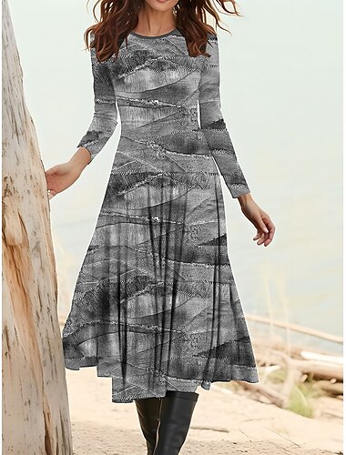  Damen Midi Kleid Lässiges Kleid Winter Kleid Ethnisches Kleid Mode Bescheiden Formal Outdoor Party Lockerer Schnitt Grafisch Lange Ärmel Rundhals Gelb Blau Grau Herbst Winter