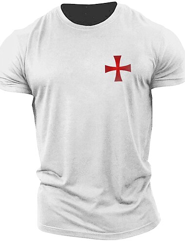  Mannen's Witte Korte Mouw T-Shirt met Templar Kruis Graphic Kruisvaarder Stijl