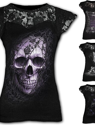  Rétro Vintage Punk & Gothique T-shirt Déguisement Halloween Crâne de squelette Dentelle Femmes Mascarade Fête / Soirée Adulte T-shirt