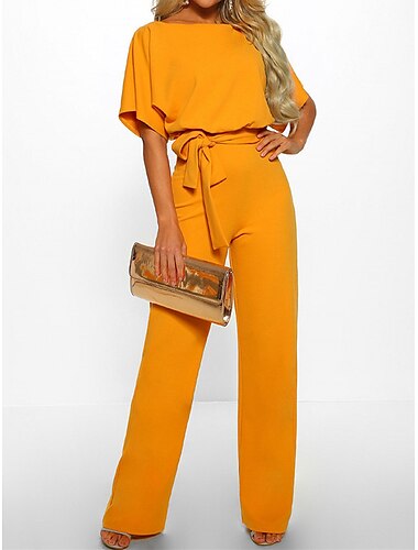  Eleganter Jumpsuit für Damen mit Gürtel in der Taille, rot, weites Bein, Rundhalsausschnitt, kurze Ärmel, einfarbig, Party, Arbeit, lässig, Frühling, Sommer, Kleidung