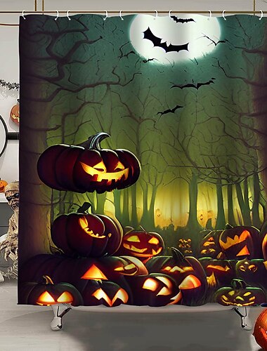  Halloween-Horror-Duschvorhang mit Haken, Halloween-Badezimmer-Dekor, wasserfester Stoff-Duschvorhang-Set mit 12 Kunststoff-Haken, Skelett-Kürbis-Hexe