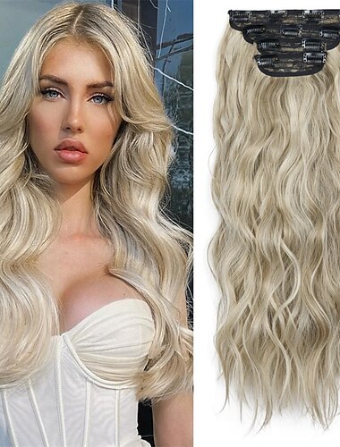  Clip in Natural Hair Extensions Long Wavy 4PCS Thick Hairpieces Dark Ash Blonde Mixed Bleach Blonde Double Weft Synthetic 20 Inch for Women