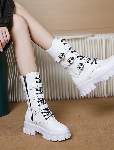  Botas de combate blancas para mujer: elegantes botas con cordones y plataforma gruesa, correas con hebilla y cremallera lateral