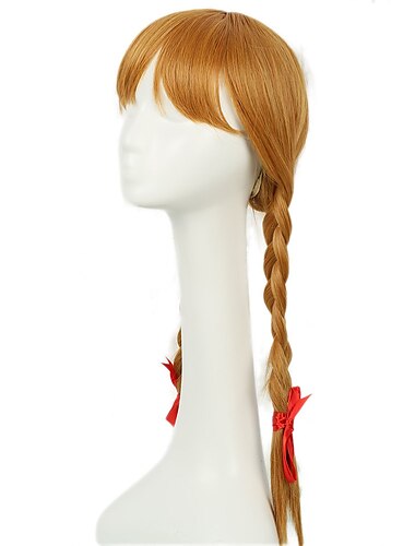  Peruca Annabelle Conjuring Cosplay Longa Castanho Claro com Duas Caudas Acessórios de Cabelo Perucas de Halloween