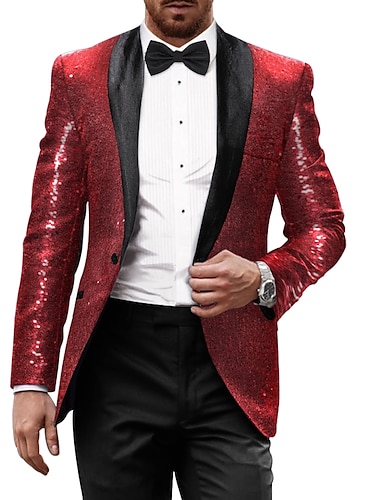  Heren Sequin Blazer 70s Disco Retro Feest Sparkle Casual Jacket Tailored Fit Enkele Knopen Rood Zwart Zilver Bordeaux Goud