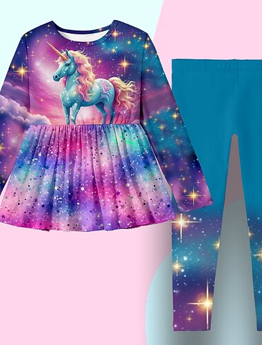  Mädchen 3D Graphic Galaxis Einhorn T-Shirt & Hose Kleider-Set Kleidungsset Langarm 3D-Druck Frühling Herbst Winter Aktiv Modisch Täglich kinderkleidung 3-12 Jahre Outdoor Urlaub Verabredung Regular