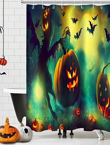  Halloween-Horror-Duschvorhang mit Haken, Halloween-Badezimmer-Dekor, wasserfester Stoff-Duschvorhang-Set mit 12 Kunststoff-Haken, Skelett-Kürbis-Hexe