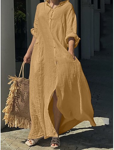  Damen Schwarz Weiß Gelb Herbst Maxikleid Leinen-inspirierte Kleider Weißes Kleid schwarzes kleid Mode Täglich Klassisch Outdoor Urlaub Täglich Lässiger Schnitt Einfach Stehkragen