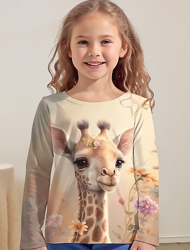  女の子 3D グラフィック 動物 キリン柄 Tシャツ Ｔシャツ 長袖 3Dプリント 夏 秋 活発的 ファッション かわいいスタイル 子供 3〜12年 アウトドア カジュアル 日常 レギュラー