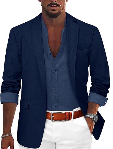  Herren Sport Jacke Leinen-Blazer Modisch Brautkleider schlicht Einfarbig Leinenblazer Armeegrün Schwarz Blau Reguläre Passform Einreiher - 1 Knopf