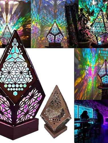  houten Boheemse vloerlamp, USB opladen holle geometrische kleurrijke lamp retro Boheemse lichtlamp, led kleurrijke diamantvormige lichten 3D-projectie nachtlamp bureaulamp woondecoratie