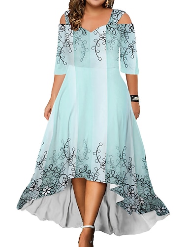  donna plus size curvo abito da festa abito da ospite di nozze abito svasato abito lungo abito maxi verde chiaro fucsia verde mezza manica floreale spalla fredda estate primavera autunno scollo a V