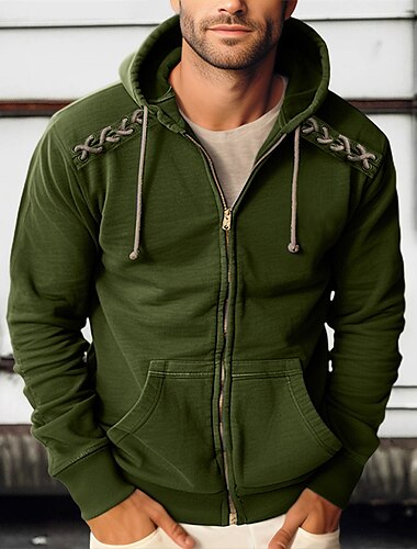  Herren Sweatjacke Kapuzenpullover mit Reißverschluss Schwarz Armeegrün Marineblau Mit Kapuze Glatt Reißverschluss mit Schnürung Sport & Natur Täglich Festtage Polyester Strassenmode Cool Brautkleider