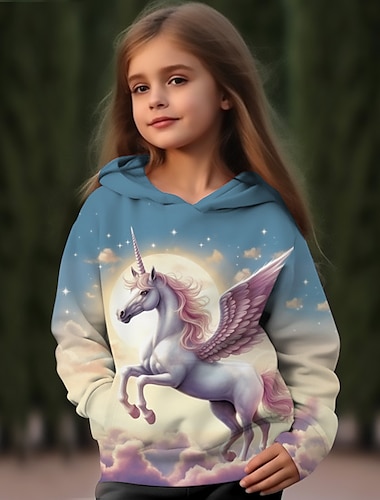  Девочки 3D Мультипликация единорогом Толстовка Pullover Длинный рукав 3D печать Осень Зима Активный Мода Симпатичные Стиль Дети 3-12 лет на открытом воздухе Повседневные Стандартный